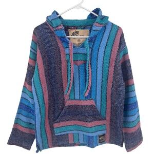 No Bad Days‎ Baja Hoodie Mens Medium Blue Pink Striped Mexican Drug Rug Pullover